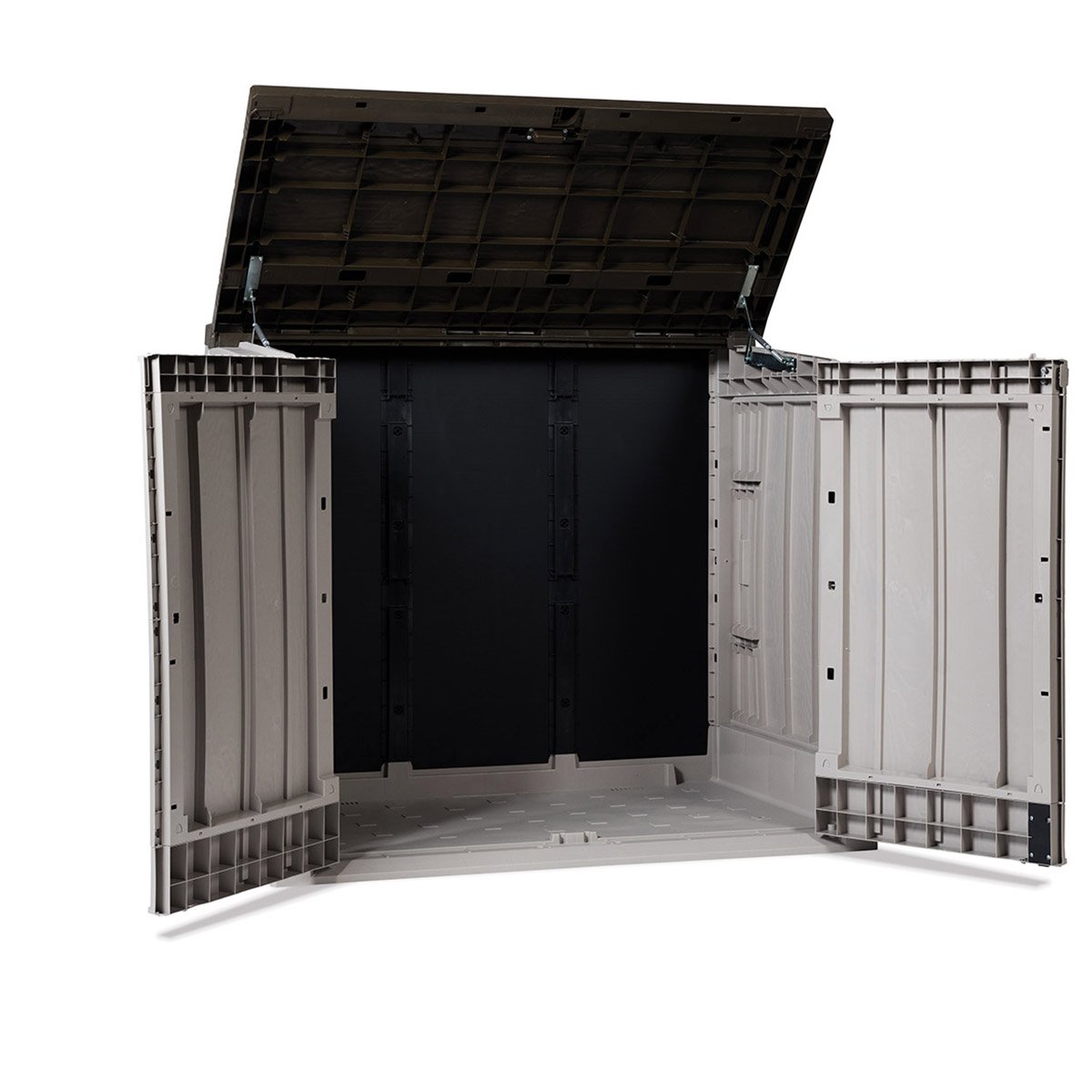 Baule porta attrezzi e bidoni da esterno Stora Way Plus XL 1270 litri in resina con doppia anta e apertura assistita colore grigio talpa e marrone Toomax