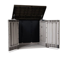 Baule porta attrezzi e bidoni da esterno Stora Way Plus XL 1270 litri in resina con doppia anta e apertura assistita colore grigio talpa e marrone Toomax