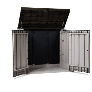 Baule porta attrezzi e bidoni da esterno Stora Way Plus XL 1270 litri in resina con doppia anta e apertura assistita colore grigio talpa e marrone Toomax