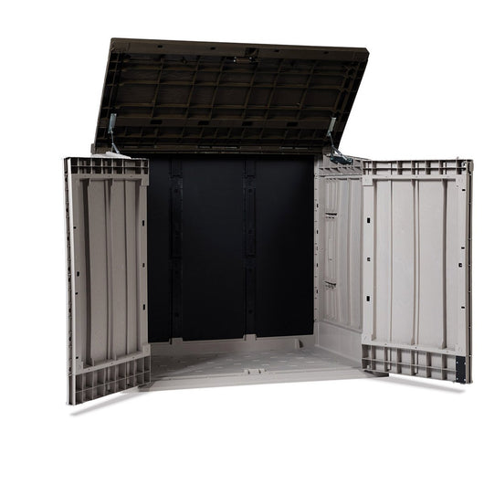 Baule porta attrezzi e bidoni da esterno Stora Way Plus XL 1270 litri in resina con doppia anta e apertura assistita colore grigio talpa e marrone Toomax