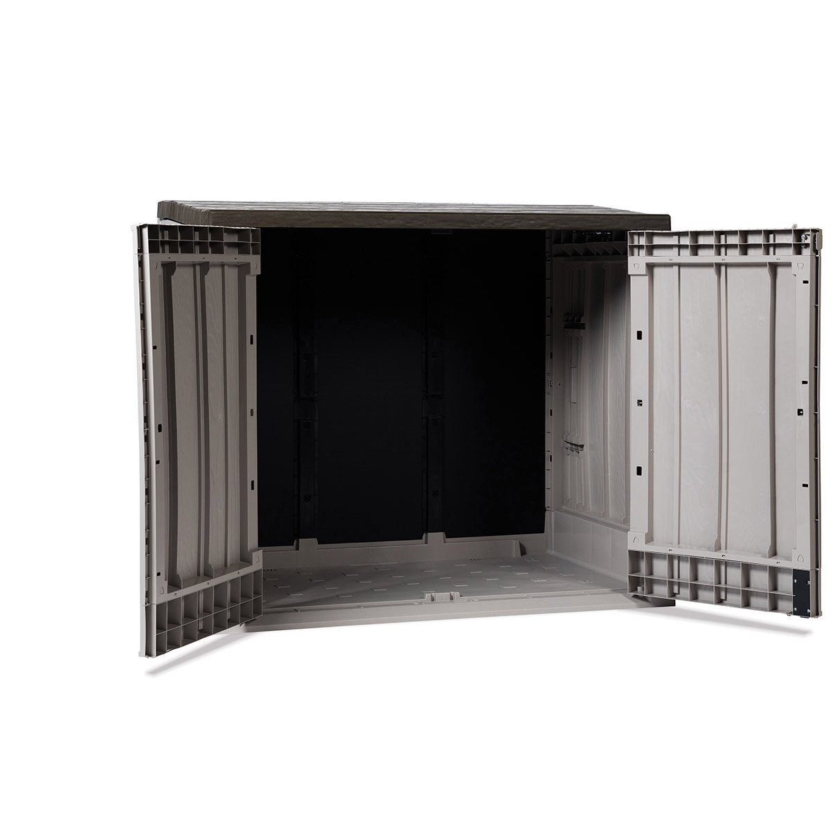 Baule porta attrezzi e bidoni da esterno Stora Way Plus XL 1270 litri in resina con doppia anta e apertura assistita colore grigio talpa e marrone Toomax