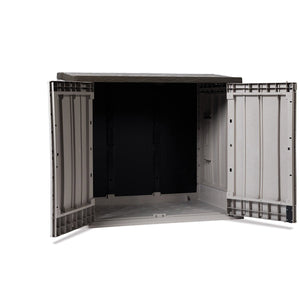 Baule porta attrezzi e bidoni da esterno Stora Way Plus XL 1270 litri in resina con doppia anta e apertura assistita colore grigio talpa e marrone Toomax