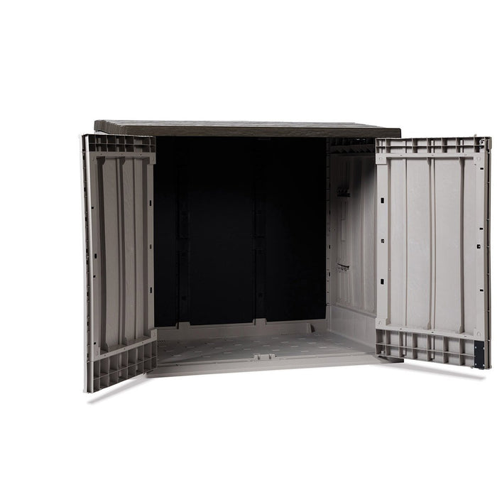 Baule porta attrezzi e bidoni da esterno Stora Way Plus XL 1270 litri in resina con doppia anta e apertura assistita colore grigio talpa e marrone Toomax
