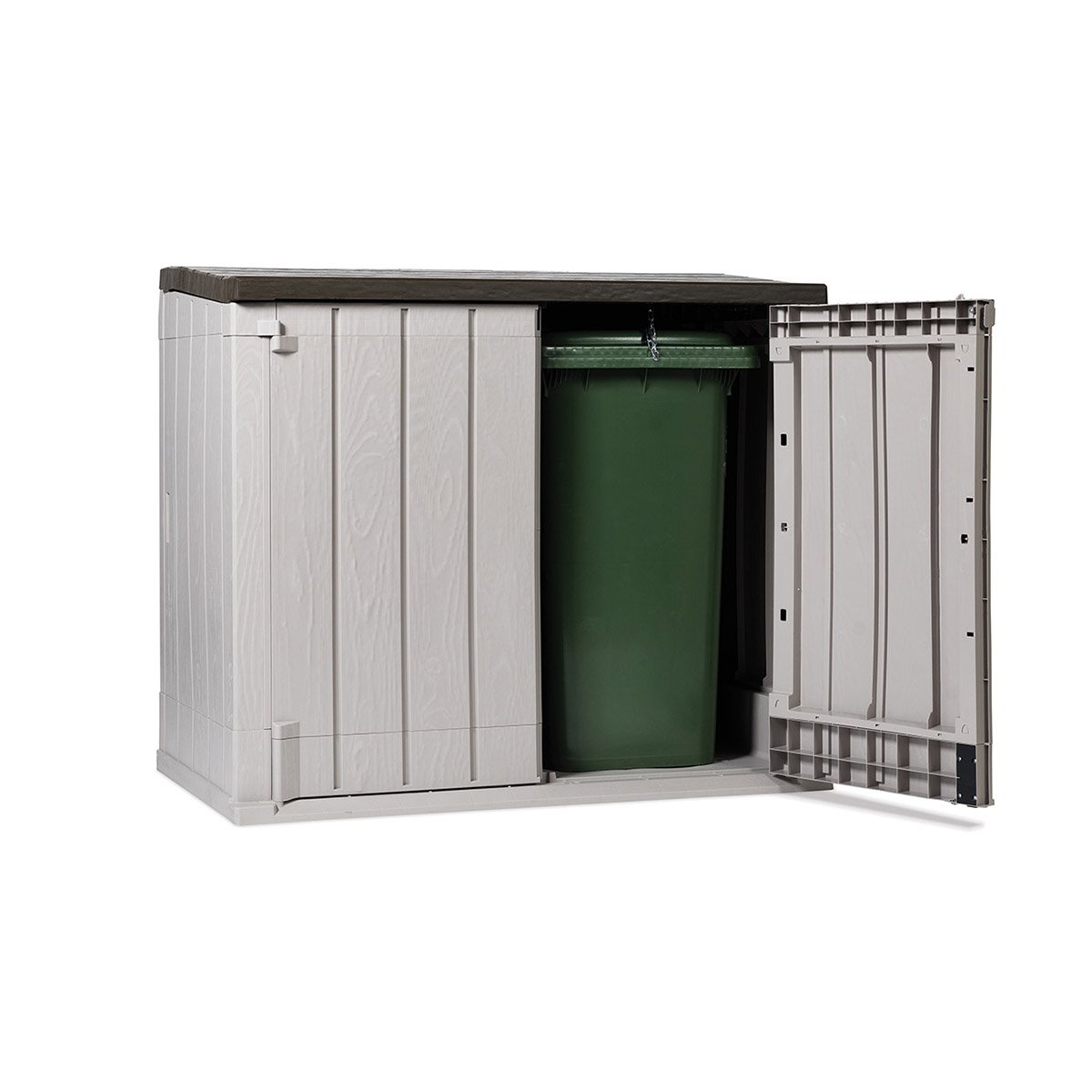 Baule porta attrezzi e bidoni da esterno Stora Way Plus XL 1270 litri in resina con doppia anta e apertura assistita colore grigio talpa e marrone Toomax