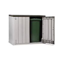 Baule porta attrezzi e bidoni da esterno Stora Way Plus XL 1270 litri in resina con doppia anta e apertura assistita colore grigio talpa e marrone Toomax