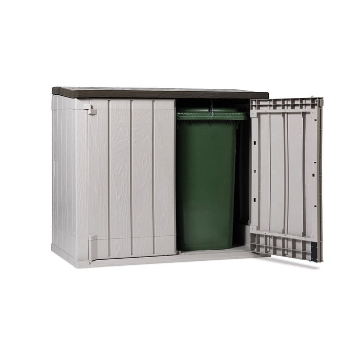 Baule porta attrezzi e bidoni da esterno Stora Way Plus XL 1270 litri in resina con doppia anta e apertura assistita colore grigio talpa e marrone Toomax