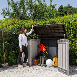 Baule porta attrezzi e bidoni da esterno Stora Way Plus XL 1270 litri in resina con doppia anta e apertura assistita colore grigio talpa e marrone Toomax