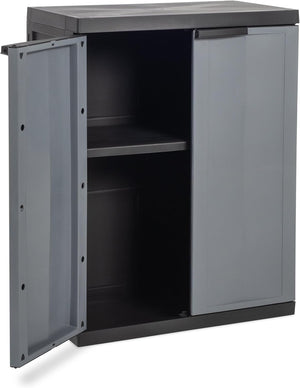 Armadio basso 2 ante con ripiano regolabile in resina colore nero e grigio 65x37x85 cm Toomax