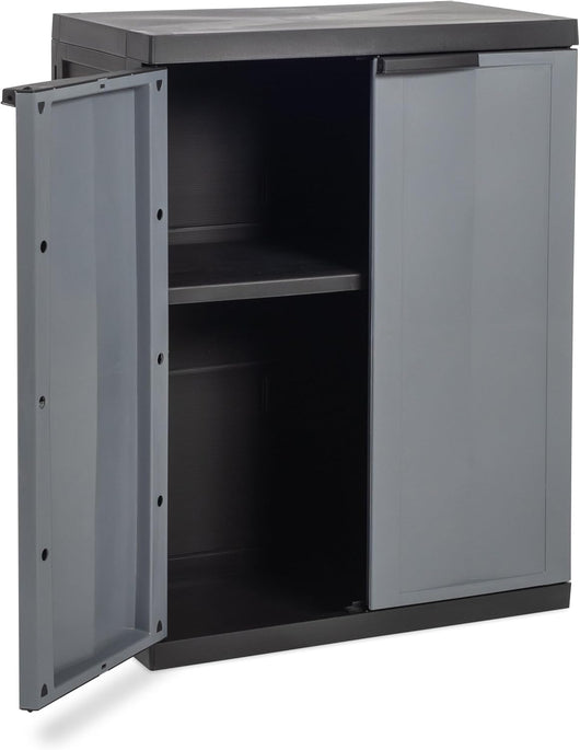 Armadio basso 2 ante con ripiano regolabile in resina colore nero e grigio 65x37x85 cm Toomax