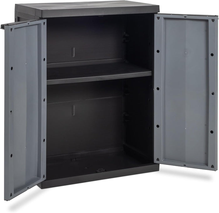 Armadio basso 2 ante con ripiano regolabile in resina colore nero e grigio 65x37x85 cm Toomax