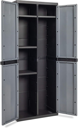 Armadio portascope 2 ante con vano attrezzi e 4 ripiani regolabili in resina colore nero e grigio basalto 65x37x165 cm Toomax