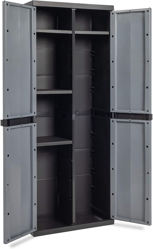 Armadio portascope 2 ante con vano attrezzi e 4 ripiani regolabili in resina colore nero e grigio basalto 65x37x165 cm Toomax