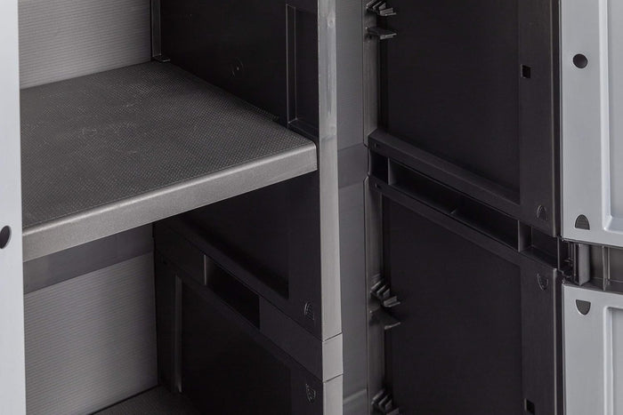 Armadio portascope 2 ante con vano attrezzi e 4 ripiani regolabili in resina colore nero e grigio basalto 65x37x165 cm Toomax