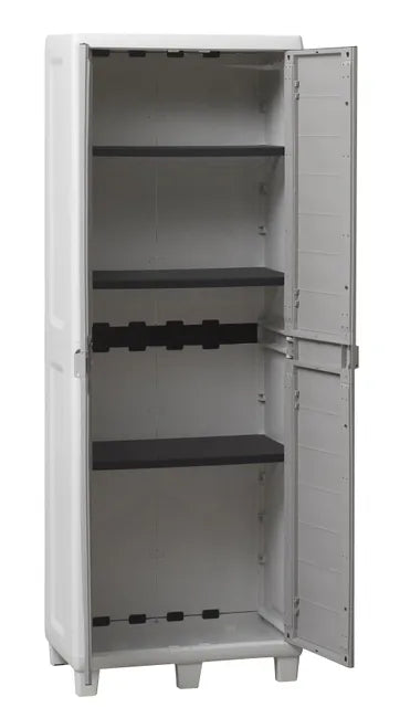 Armadio tuttorianti 2 ante con 3 ripiani regolabili effetto legno in resina colore grigio chiaro e grigio tortora 65x38x178 cm Toomax