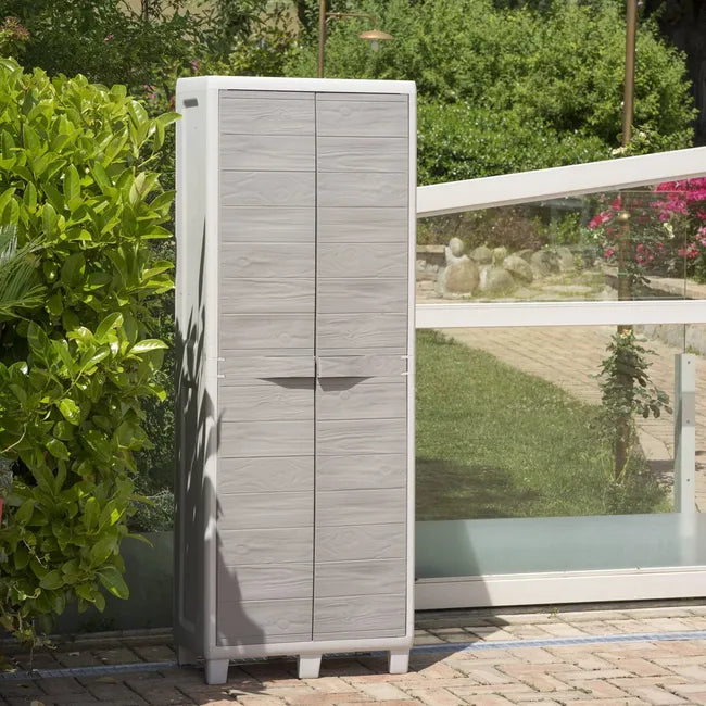 Armadio tuttorianti 2 ante con 3 ripiani regolabili effetto legno in resina colore grigio chiaro e grigio tortora 65x38x178 cm Toomax