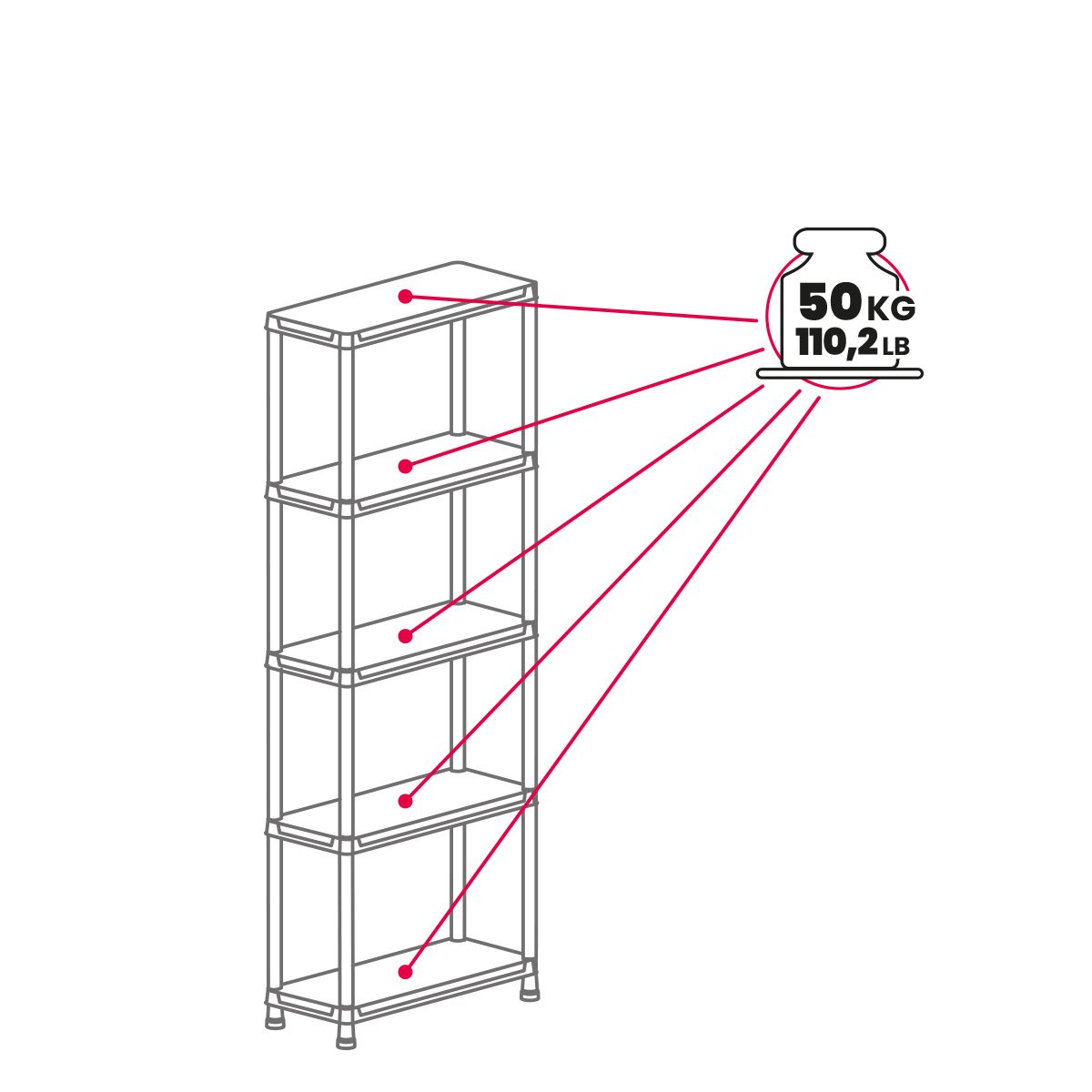 Scaffale Universal 845 a 5 ripiani ventilati per interni in resina con fissaggio a muro colore nero 80x40x180 cm Toomax