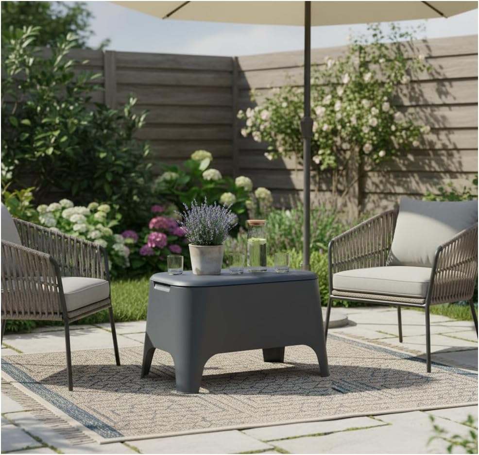 Tavolino Petra per interno ed esterno con vano portaoggetti 21 litri colore nero antracite Toomax confezione 4 pezzi