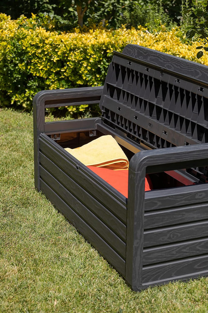 Panchina da esterno Foreverspring con baule portaoggetti 270 litri effetto legno colore nero antracite Toomax