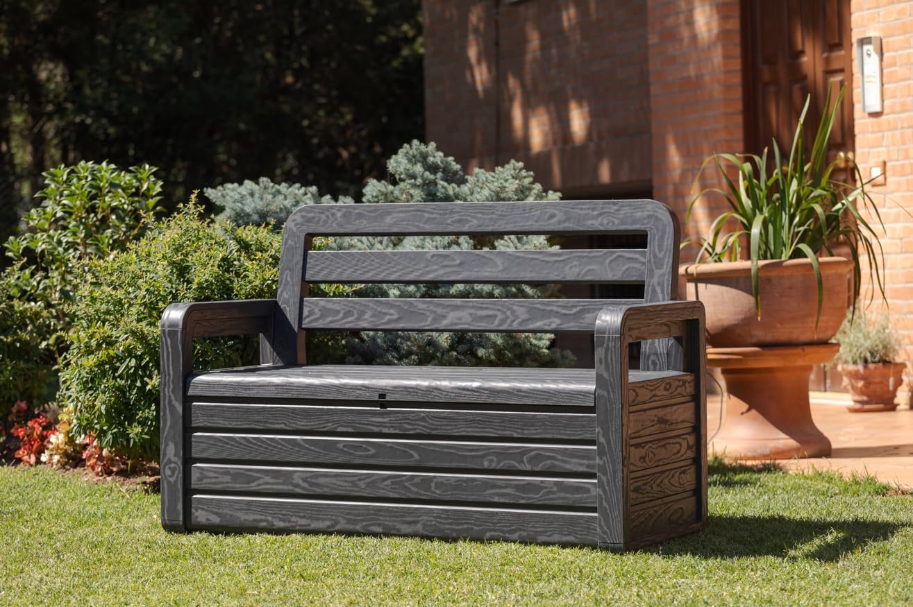 Panchina da esterno Foreverspring con baule portaoggetti 270 litri effetto legno colore nero antracite Toomax