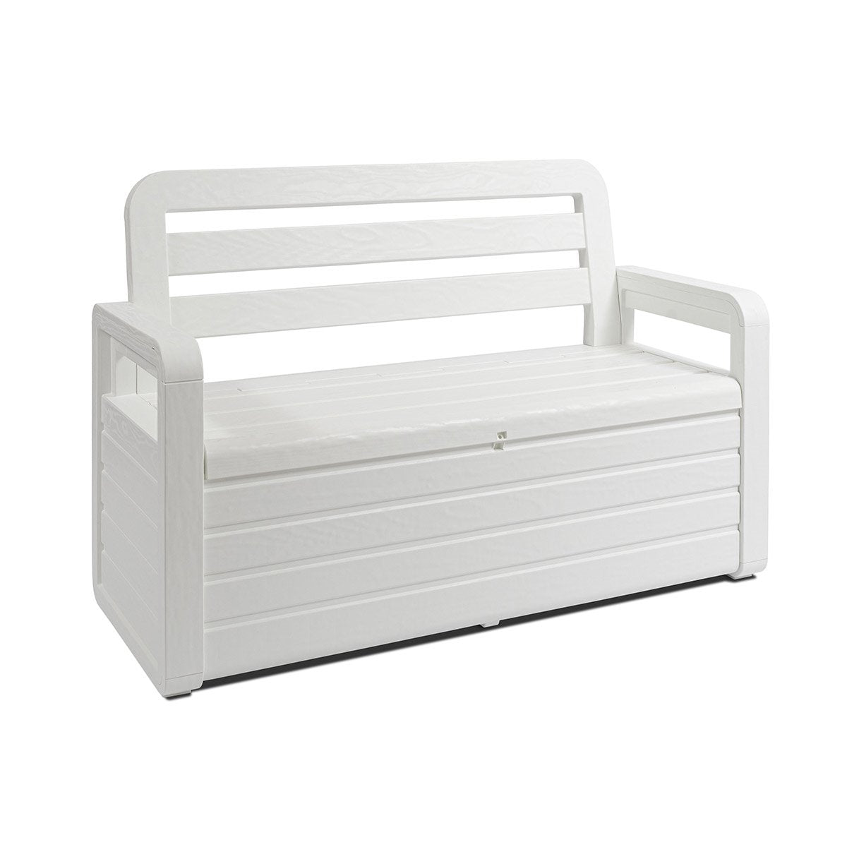 PANCHINA FOREVERSPRING DA ESTERNO CON BAULE Panchina da esterno Foreverspring con baule portaoggetti 270 litri effetto legno colore bianco Toomax.599P  cm.132,5x58x89h., bianca    TOOMAX