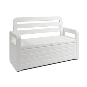 PANCHINA FOREVERSPRING DA ESTERNO CON BAULE Panchina da esterno Foreverspring con baule portaoggetti 270 litri effetto legno colore bianco Toomax.599P  cm.132,5x58x89h., bianca    TOOMAX