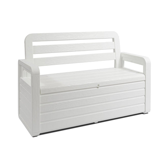 PANCHINA FOREVERSPRING DA ESTERNO CON BAULE Panchina da esterno Foreverspring con baule portaoggetti 270 litri effetto legno colore bianco Toomax.599P  cm.132,5x58x89h., bianca    TOOMAX