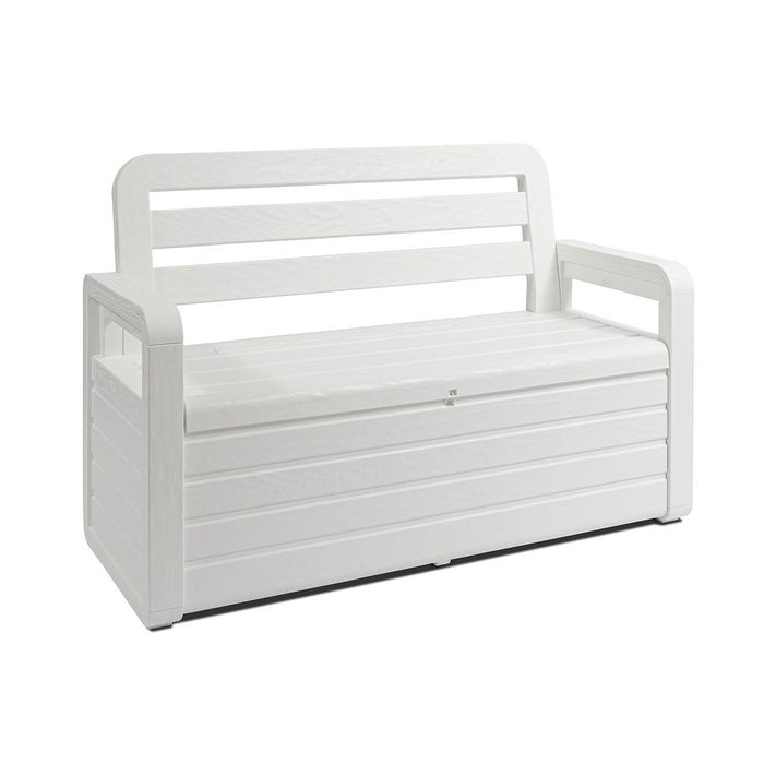 PANCHINA FOREVERSPRING DA ESTERNO CON BAULE Panchina da esterno Foreverspring con baule portaoggetti 270 litri effetto legno colore bianco Toomax.599P  cm.132,5x58x89h., bianca    TOOMAX