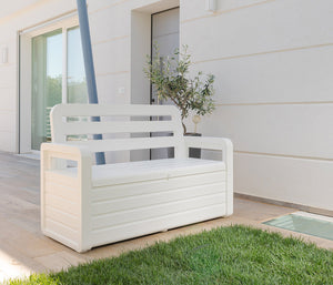 PANCHINA FOREVERSPRING DA ESTERNO CON BAULE Panchina da esterno Foreverspring con baule portaoggetti 270 litri effetto legno colore bianco Toomax.599P  cm.132,5x58x89h., bianca    TOOMAX