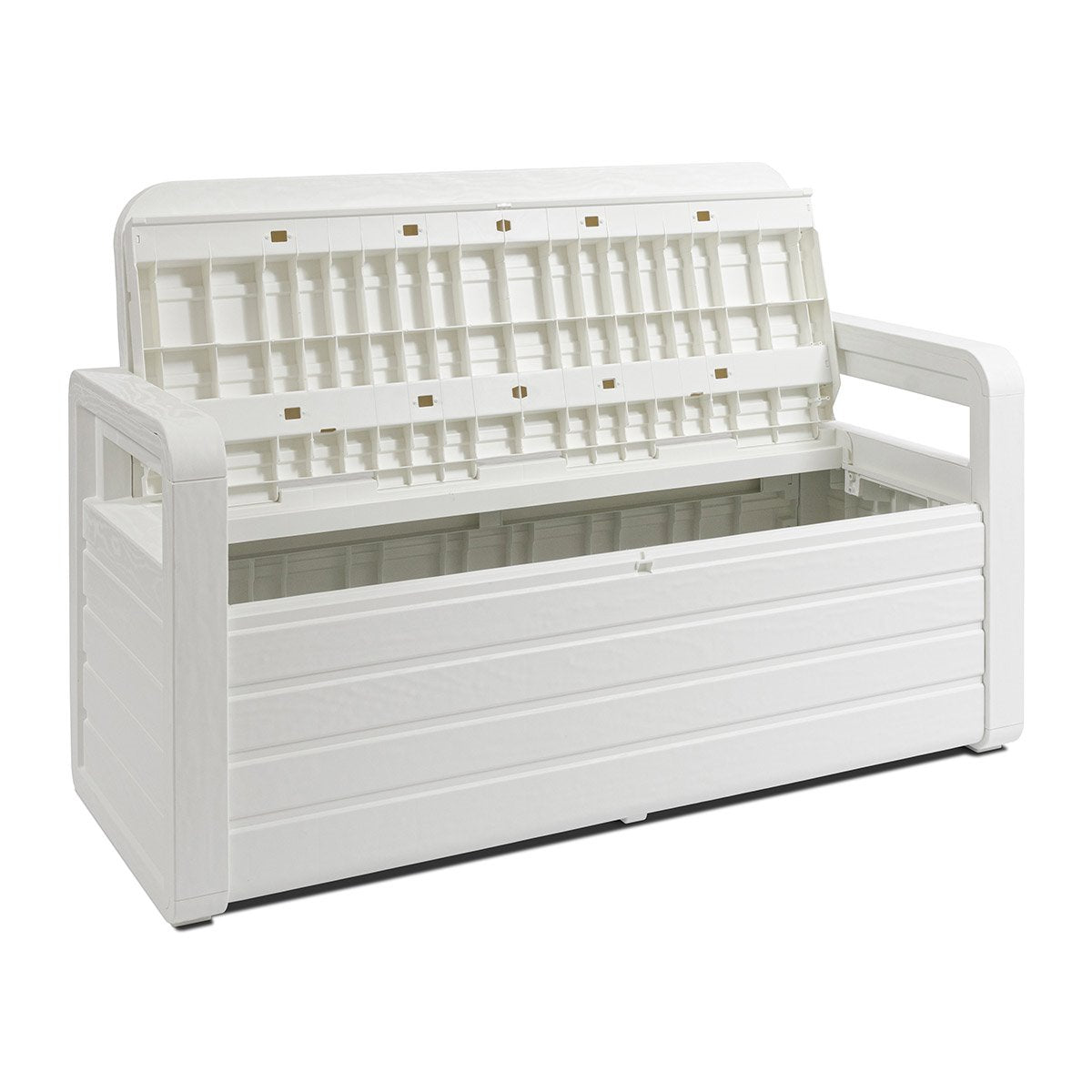 PANCHINA FOREVERSPRING DA ESTERNO CON BAULE Panchina da esterno Foreverspring con baule portaoggetti 270 litri effetto legno colore bianco Toomax.599P  cm.132,5x58x89h., bianca    TOOMAX