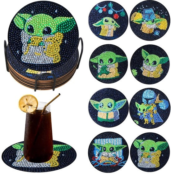 8 pezzi di Diamond Painting sottopiani con supporto, kit di Diamond Painting Yoda per adulti, bambini e principianti, sottopiani per bicchieri, diamanti 5D di arte cartoonesca sottopiani, attrezzi per la creatività