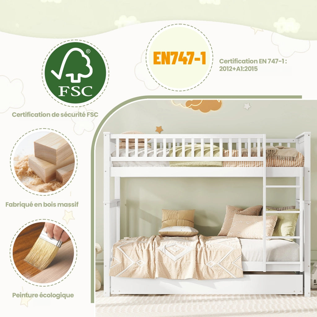 OKWISH Letto a Castello 90×200 cm, Letto 3 Posti con Letto Estraibile, Scala e Sponde Alte, senza Materasso, in Pino, Bianco
