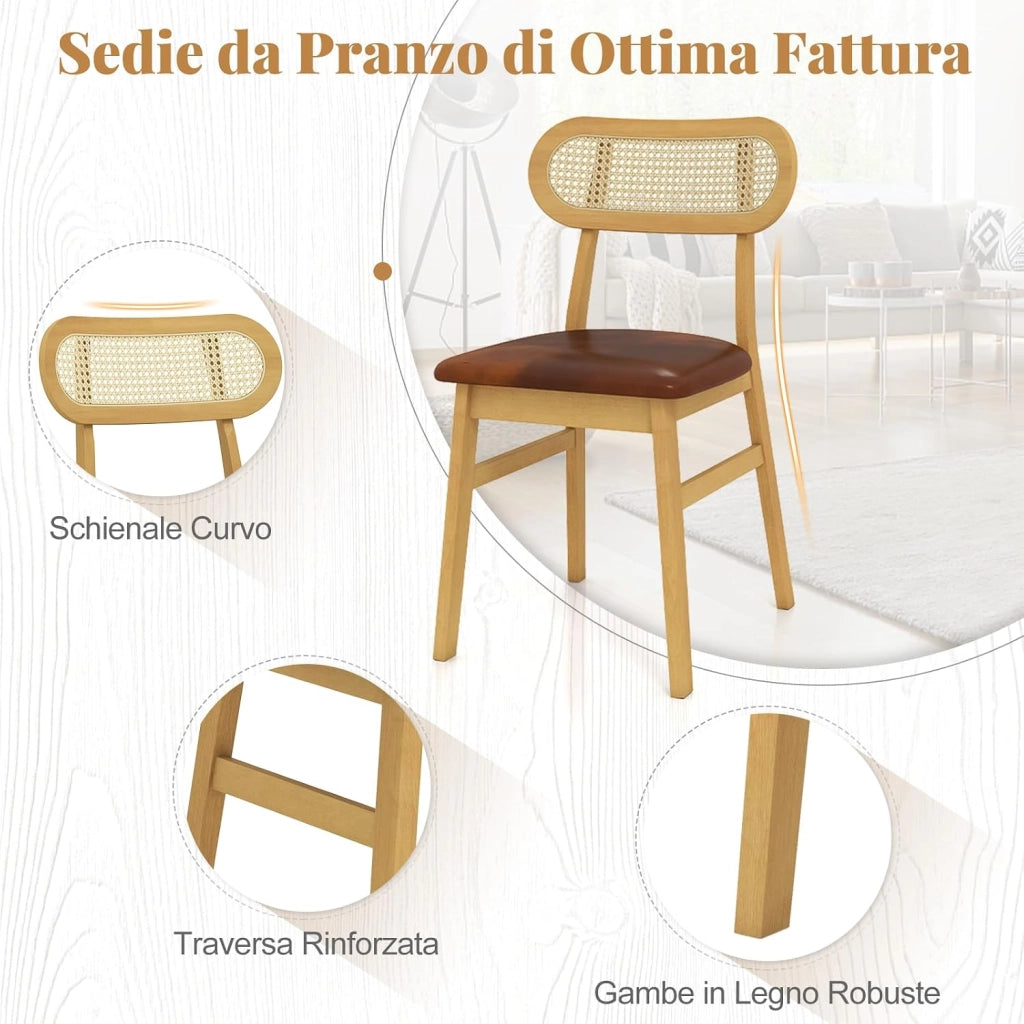 Set 2 Sedie Sala da Pranzo 49 x 48 x 79cm, Sedie da Cucina Moderno con Schienale Ergonomico in Rattan e Seduta in Pelle, Capacità di Carico 180 kg, per Soggiorno e Salotto (Marrone)