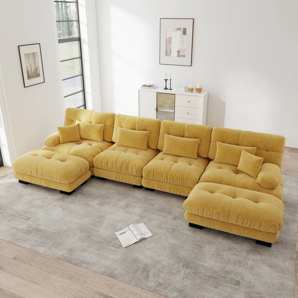 Divano angolare modulare in chenille con ottomano mobile e cuscini lombari, giallo 406 × 145 × 81 cm