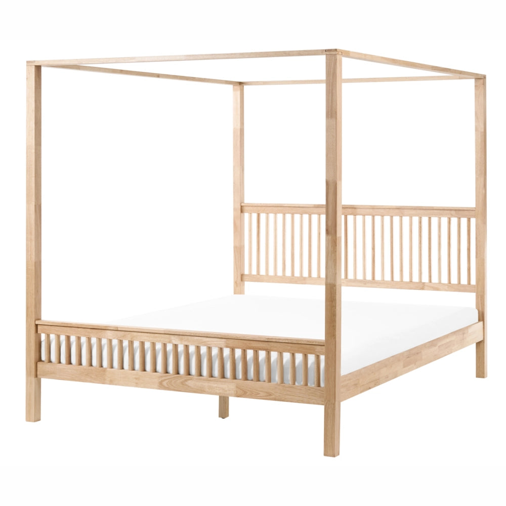Letto matrimoniale a baldacchino stile minimalista con rete in legno di gomma e doghe marrone chiaro 180 x 200 cm