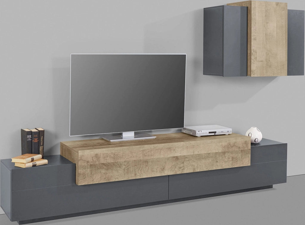 Parete Attrezzata Mobile TV e Pensile 240x45x51,5 cm Coro Grigio Antracite Opaco/Rovere Wotan