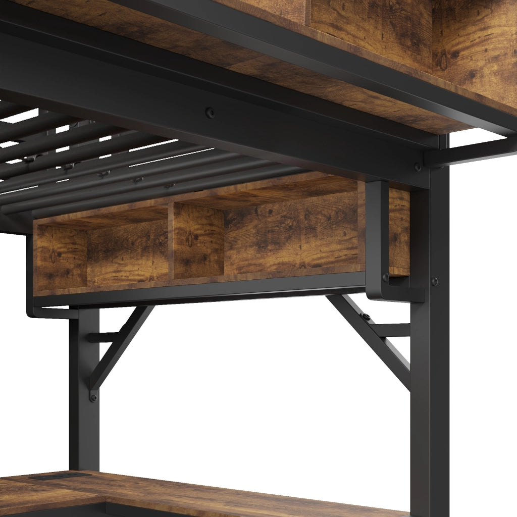 DESMIU Lit a soppalco 90 × 200 cm 1 posto con scrivania angolare, ripiano, LED, USB e Type-C, senza materasso, legno metallo nero
