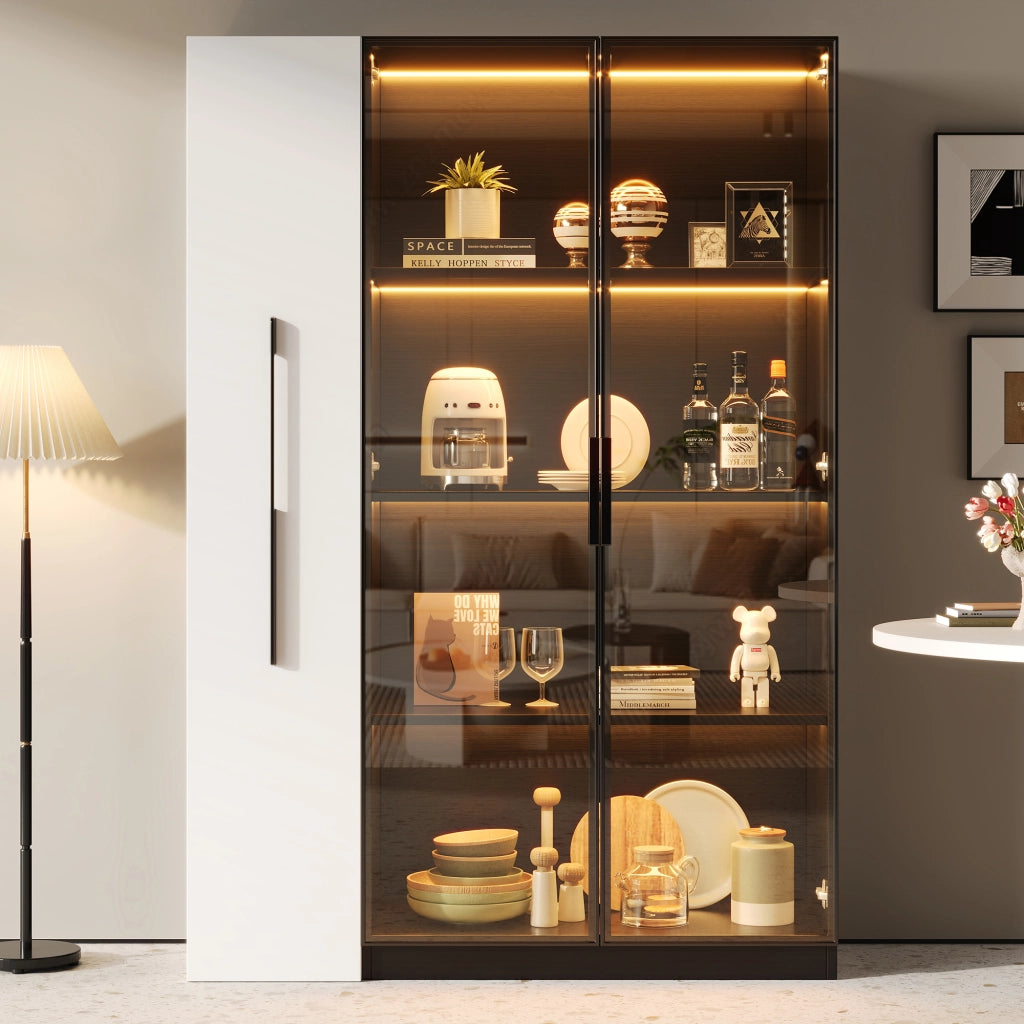Vetrina con Porta in Vetro e LED; con Ripiano Laterale Estraibile; Stile Moderno; in MDF e Vetro; Nero; 110;5??35??160 cm