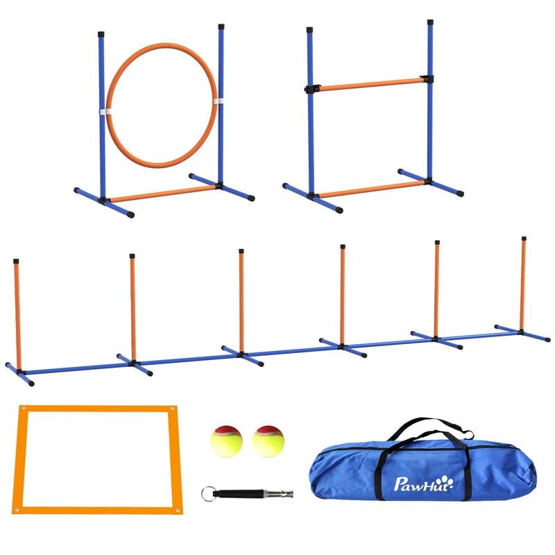 SET AGILITY DOG CON ANELLO E BARRA PER SALTO, PALETTI SLALOM, FISCHIETTO, PALLINE E BORSA, ARANCIONE
