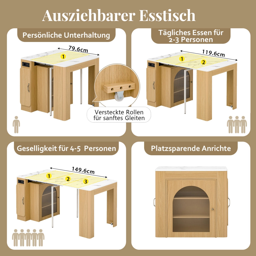 Tavolo da pranzo - isola cucina su ruote - piano estraibile - con prese - naturale - come anta e sideboard