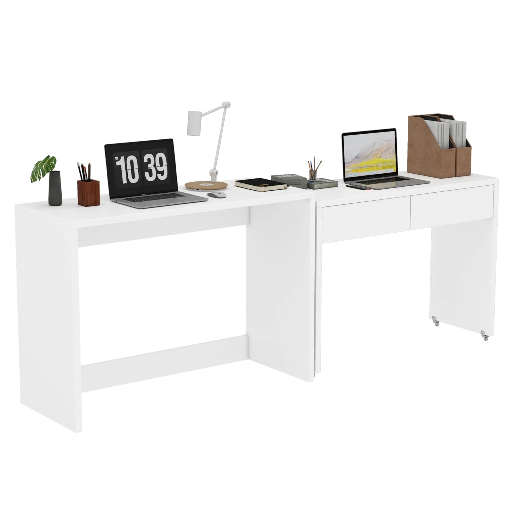 Scrivania 2-in-1 pieghevole con ruote, tavolo compatto in truciolare bianco 110×40×78 cm