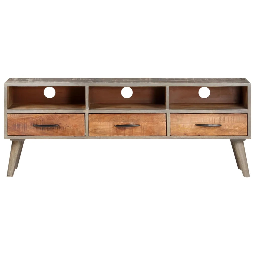 Mobile Porta TV Grigio 130x35x51 cm in Massello di Mango Grezzo