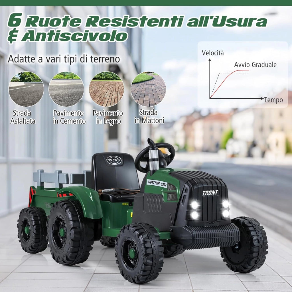 24V Trattore Elettrico per Bambini, Veicolo con Rimorchio Staccabile, Telecomando, Musica, Porta USB, Partenza Morbida, Fari LED, per Bambini 3-8 Anni (Verde)