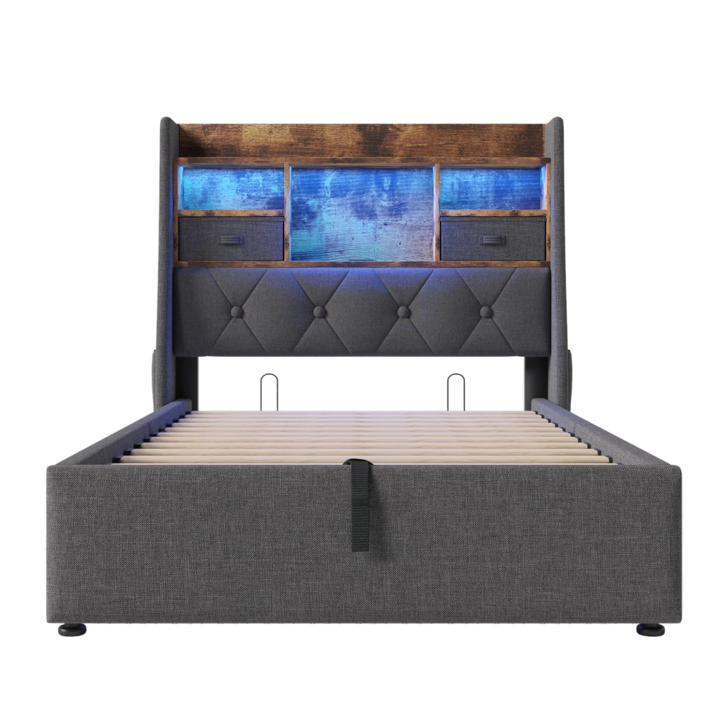 Letto imbottito 90x200 cm con contenitore idraulico, testiera LED e 4 porte di ricarica, grigio