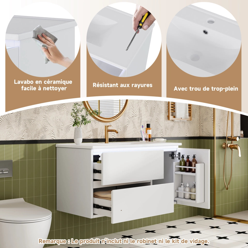 Mobile sottolavabo sospeso con lavabo in ceramica, 2 cassetti, vano laterale, LED con sensore radar, bianco