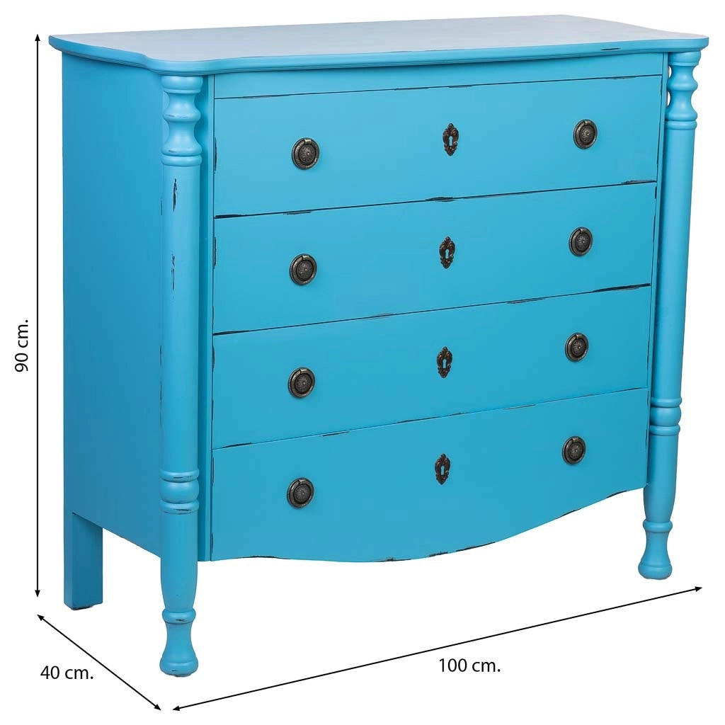 Cassettiera in legno laccato blu invecchiato, 4 cassetti 100x40x90h cm