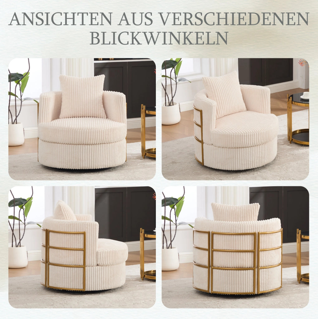 Poltrona girevole 360° in velluto a coste beige con contenitore; 76x79x78 cm
