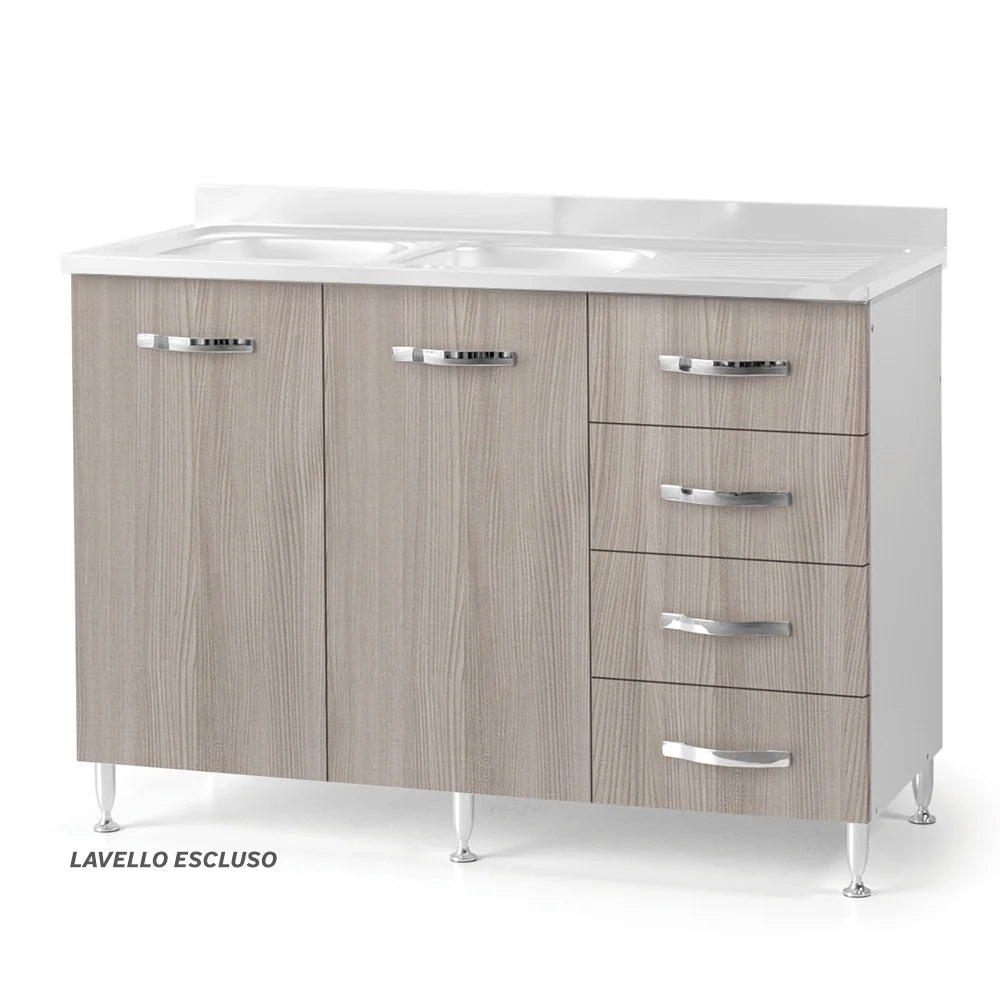 Sottolavello per cucina componibile da 120 cm con due ante e 4 cassetti,con Lavello vasche a Sinistra realizzata in legno 100% MADE IN ITALY colore Olmo
