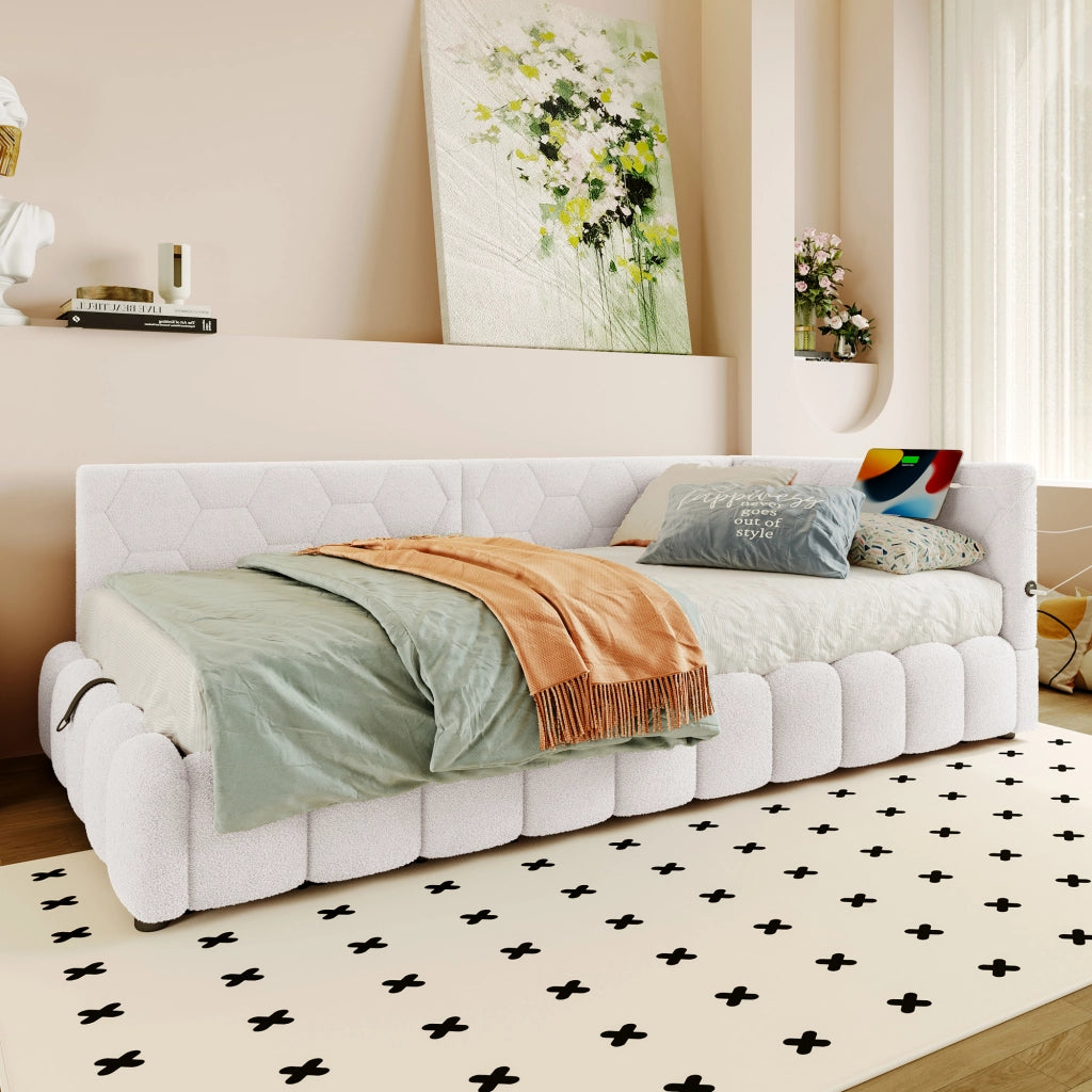Letto daybed 90x200 cm con rete a doghe, contenitore idraulico, LED, USB e Type-C, senza materasso, bianco