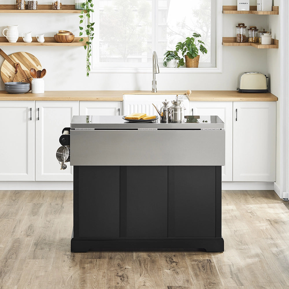 SoBuy | Isola cucina pieghevole nera | Carrello da cucina a 4 ruote | Cucina a penisola con 4 ante | 115.0x71.0x92.5 cm | Capacità di carico 78 kg | FKW71-II-SCH