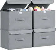 Set di 4 Scatole di Archiviazione con Coperchio, Scatola di Archiviazione Pieghevole con Maniglia, Cestini di Archiviazione in Tessuto, Organizzatore di Vestiaro, Scatola Pieghettabile per Abiti, Libri, Grigio Chiara